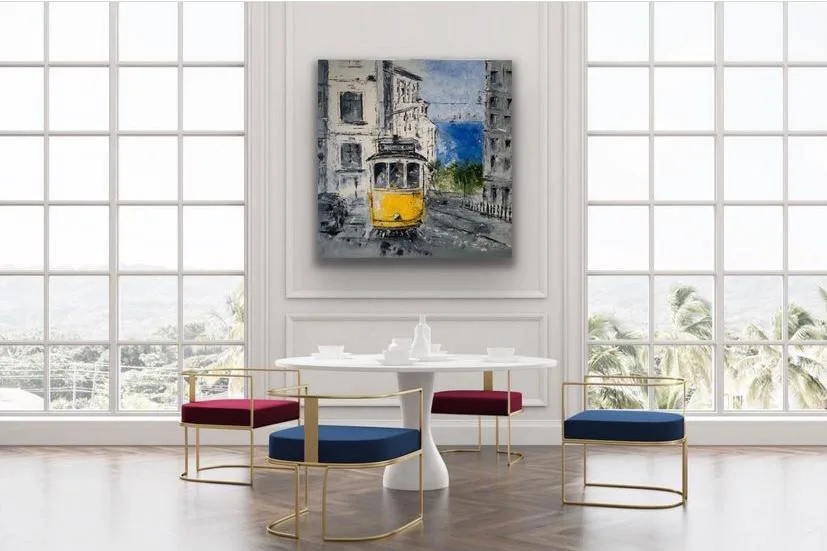 Obra da série Urbanismo numa sala de jantar clara